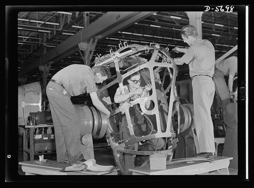 Production. Willow Run bomber plant. Advanced assembly includes riveting and drilling the nose of the bomber made in the giant Willow Run plant. Open spaces will be fitted with a form of Plexiglas to give the bombardier a complete wide-angle view. Ford plant, Willow Run