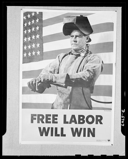 Labor Day poster. Labor Day poster distributed to war plants and labor organizations. The original is twenty-eight and one-half inches by forty inches and is printed in full color. It was designed by the Office of War Information (OWI) from a photograph especially arranged by Anton Bruehl, well-know