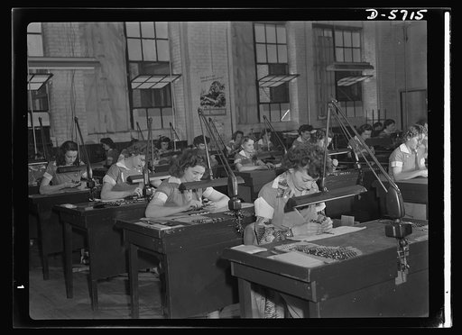 Women in industry. Tool  production. Inspecting thousands of drills each day, women employed by a large Midwest drill and tool company must learn to detect the tiniest flaw in these vital machine accessories. Republic Drill and Tool Company, Chicago, Illinois