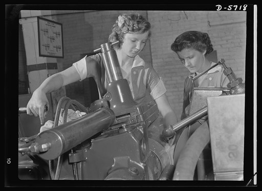Women in industry. Tool  production. Pioneers of the production line, these two young workers are among the first women ever to operate a centerless grinder, a machine requiring both the knowledge of precision measuring instruments, and considerable experience and skill in setting up. In this Midwes
