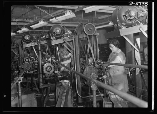 Women in industry. Tool  production. The hum of whirling machinery accompanies the work of these women cut-off machine operators who are processing small machine parts in a Midwest drill and tool plant. Although this work is relatively unskilled, industrial experience was new to most of these women,