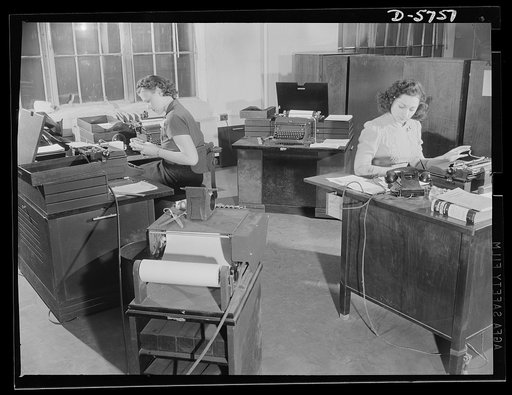 Office equipment used by the War Production Board (WPB). Three automatic typewriters are used to turn out the many form letters which the WPB operations necessitate. These typewriters multiply production, reduce typing time and costs