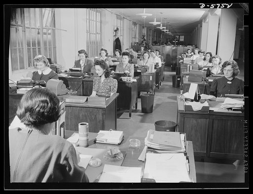 Office equipment used by the War Production Board (WPB). Transcription automatic typewriter unit for the WPB correspondence. These machines in operation are some of the twenty dictator transcribing machines. This unit turns out almost 4,000 letters weekly