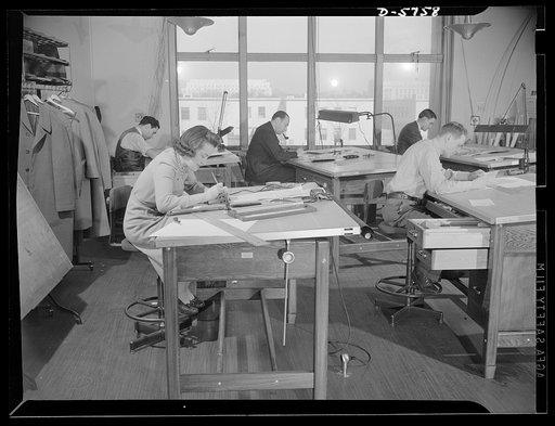 Office equipment used by the War Production Board (WPB). Drafting room where charts, diagrams, exhibits, graphs and other pictorial reports are prepared for the WPB. This department creates many vivid visualizations of statistical data such as ships being built, steel needed and production compariso