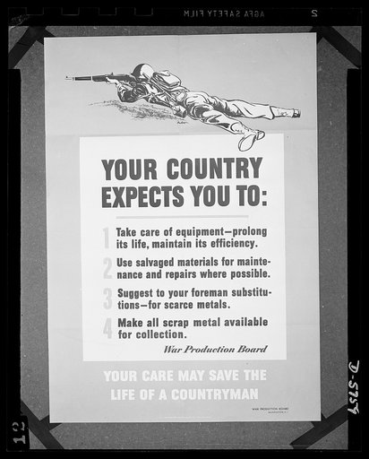 War Production Board poster (WPB). Poster distributed by the WPB to war plants. The original is 28 1/2 inches by 40 inches and is printed in black and yellow on white. Copies may be obtained from the war production drive headquarters, WPB, Washington, D.C.