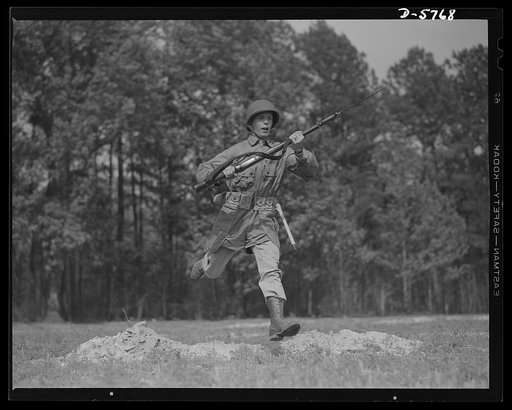 New River, North Carolina. Marine infantry. The halls of Montezuma saw no better fighting than the leathernecks of today can do. This charging Marine, in training at New River, North Carolina, is a hardened, trained and well-equipped soldier. Marine barracks, New River, North Carolina
