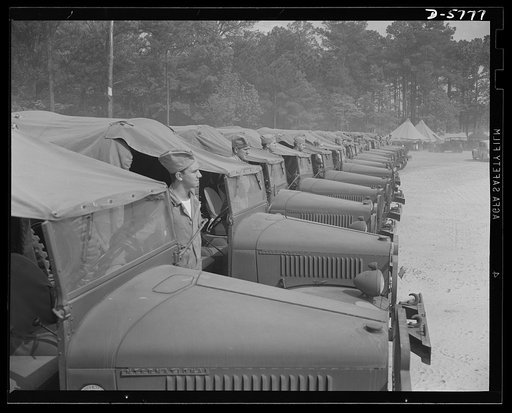 New River, North Carolina. Marine truck transport units. Military trucks must line up for inspection, too. A motor transport unit in the truck area at New River, North Carolina. Marine barracks, New River, North Carolina