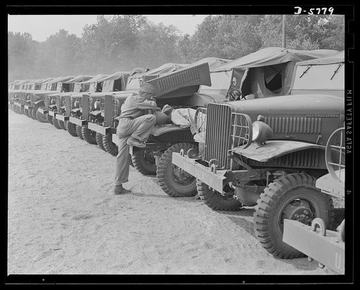 New River, North Carolina. Marine truck transport units. Military trucks must line up for inspection, too. A motor transport unit in the truck area at New River, North Carolina. Marine barracks, New River, North Carolina