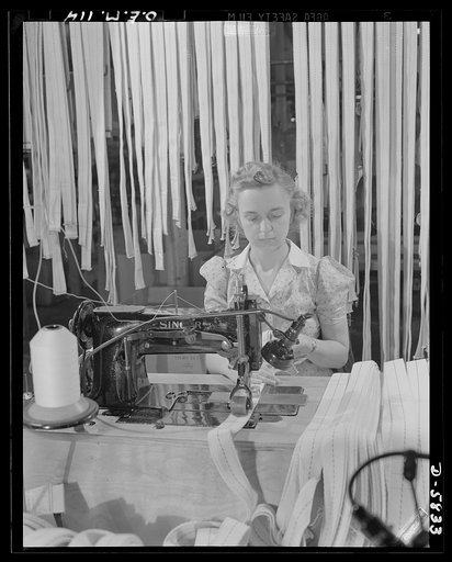 Production. Parachute making. Married only two weeks when her husband went into the air corps, Mary Saverick makes parachute harnesses for him and all the other husbands and brothers in the corps. "He's doing all he can to help win the war," she says, "it's only right that I should, too." Pioneer Pa