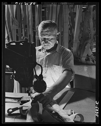 Production. Parachute making. German-born Reinhard Lehman left his family in charge of his farm so that he could make these parachute harnesses in an Eastern plant. One of his sons is in the Marines, a nephew is in the Army. Pioneer Parachute Company, Manchester, Connecticut