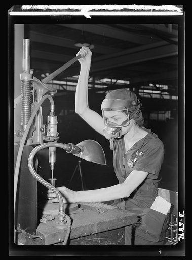 Women in industry. Aircraft motor workers. A million dollar baby, not in terms of money but in her value to Uncle Sam, twenty-one-year-old Eunice Hancock, erstwhile five-and-ten-cent store employee, operates a compressed-air grinder in a Midwest aircraft motor plant. With no previous experience, Eun