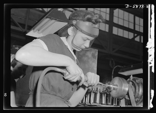 Women in industry. Aircraft motor workers. Employer resistance to the hiring of women workers in war industries is rapidly becoming a thing of the past, and this young employee of a Midwest aircraft motor plant embodies the reasons for this change of heart. With no previous industrial experience, sh