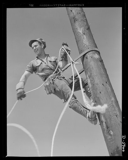 Fort Knox. Electric power line construction. The electrical industry of America relies largely on the "broadback" or lineman, to bring its power to the places where it is needed. This man is working on the construction of a transmission line to Fort Knox, Kentucky, where American soldiers are traini