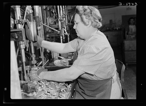 Women in industry. Flare gun production. "What's new about women working in war industries?" asks Mrs. Annette Caines of Detroit, who manned a milling machine in a gun factory during the last war and hasn't stopped work since. Now employed by a Midwest vacuum cleaner plant which has been converted t