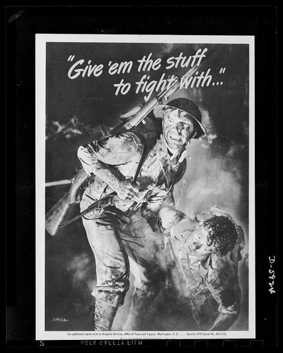 War Production Board (WOB) poster. Poster distributed to war plants, designed by the Office of War Information (OWI) from a photograph by Valentino Sarra. The original comes in three sizes: 7 1/8 inches by 10 inches, 14 1/4 inches by 20 inches, and 28 1/2 by 40 inches. Colors: yellow and black on wh