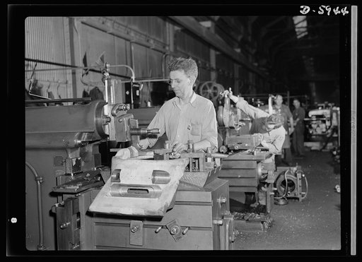 Manpower. Americans all. Machining hoods for America's medium tanks is much more than just a job to Peter Dykzeul. Born in Holland, this employee of a Midwest tank plant knows the brutality and horror Nazi agression can bring to a freedom-loving people. And he's just one among America's many loyal, 