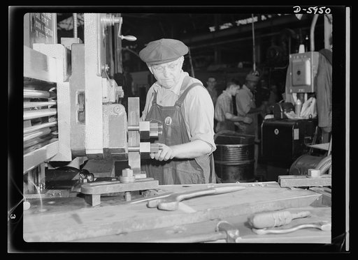 Manpower. Americans all. Each night, George Voss gives thanks that he is in America. Each day he gives his undivided and complete attention to the work at hand--the processing of parts for America's medium tanks. Employed by a large Midwest tank factory, German-born George Voss is one of many natura