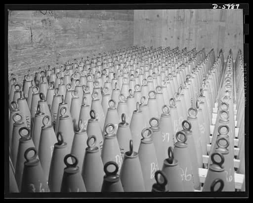 Production. 155mm shells. A carload of 155mm shell bodies ready for shipment from the converted auto plant in which they were made. They will be taken to loading plants where they will be filled with propelling and explosive charges. Willy's, Toledo, Ohio