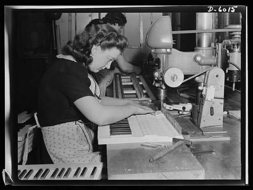 Conversion. Pianos to airplane motors. A pretty girl surrounded by melody! Employed by a Chicago piano factory which has recently been converted to war production, Bernice Strutz uses a drill press to set capstan screws in keyboards. Today, however, she's assembling trainer-plane motors to be used b