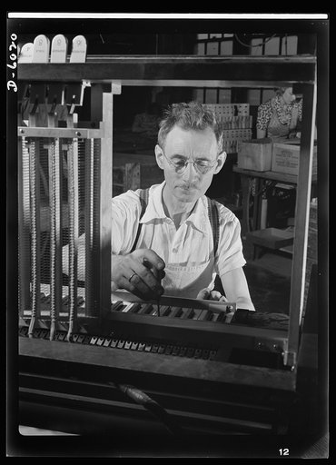 Conversion. Pianos to airplane motors. Norwegian-born Edward Groe has been employed by a Chicago piano factory since 1909, regulating keys of electric organs. With the plant's conversion to the production of trainer-plane motors, this master mechanic has discarded instruments of peace, such as this 
