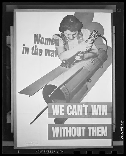 War production drive poster. Poster distributed by the War Production Board (WPB) to U.S. employment service offices, beauty parlors, women's colleges, manufacturers, etc. The original is 28 1/2 inches by 40 inches and is printed in red, blue, and black on white. The poster was reproduced from a pho