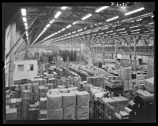 Production. Ventura bombers. Part of the makings of Ventura bombers that will soon be giving Tokyo, Berlin, and Rome some idea of the strength and efficiency of America's serial battle fleets. A section of the warehouse of a large Western aircraft plant in which various types of fighting and bombing