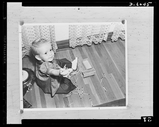 Civilian defense. Fire prevention. Our duty to innocent childhood demands that we keep matches and other dangerous articles in places where little hands cannot reach them. One of the saddest parts of the fire record of 1941 is that which tells of 23,000 blazes caused by children playing with matches