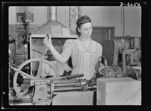 Women in war. Machine gun production operators. This modern "spinning wheel" would astound our grandmothers, and so would the young woman who operates it. One of America's thousands of skilled women war workers, this young Midwesterner twirls the wheel that controls the drilling of holes in machine 