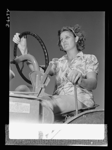 Agriculture. Women on farms. There's a feminine hand at the controls of many of America's activities these days. Like many other farm wives whose husbands are engaged in war work, Mrs. William Wood manages a 120 acre farm in Colona, Michigan, with little male assistance. With a crop of corn, tomatoe