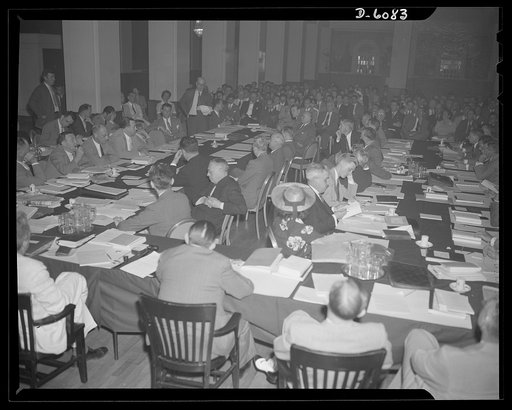 War Labor Board: "Little Steel" hearing. Philip Murray, Congress of Industrial Organization leader, speaking at the "Little Steel" hearing held by the War Labor Board, at the Hotel Washington in Washington, D.C., July 1. The hearing arose from a wage in Washington, D.C., July 1. The hearing arose fr