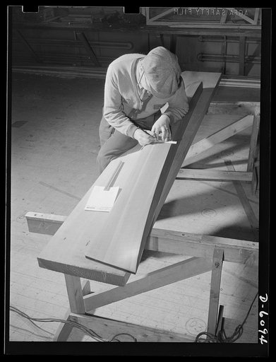 Production. Submarine chasers. "Taking off" the lines of a 173-foot steel subchaser at an Eastern boatyard. This accurate scale model of half of the hull will determine the lines of the full-size boat. Marine Construction Company, Stamford, Connecticut