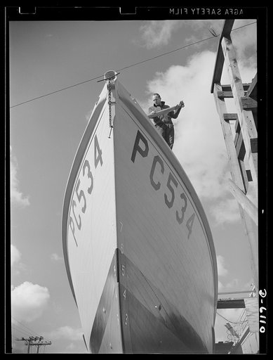 Production. Submarine chasers. Another harrier of the U-boats nears completion at an Eastern boatyard. Many new 110-foot wooden subchasers are taking to the water these days at yards in all parts of the country. Marine Construction, Stamford, Connecticut