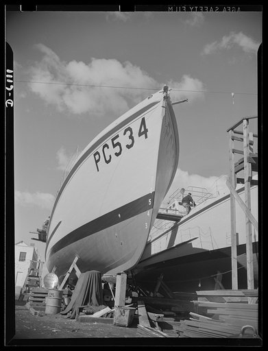 Production. Submarine chasers. Another harrier of the U-boats nears completion at an Eastern boatyard. Many new 110-foot wooden subchasers are taking to the water these days at yards in all parts of the country. Marine Construction, Stamford, Connecticut