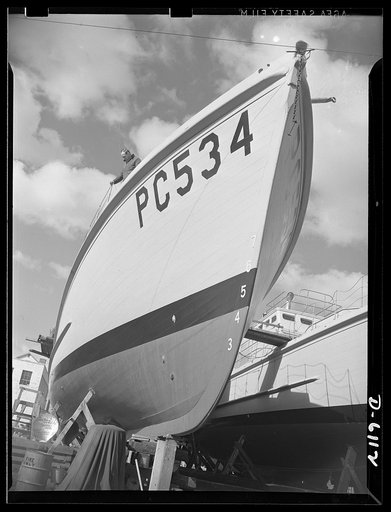 Production. Submarine chasers. Another harrier of the U-boats nears completion at an Eastern boatyard. Many new 110-foot wooden subchasers are taking to the water these days at yards in all parts of the country. Marine Construction, Stamford, Connecticut