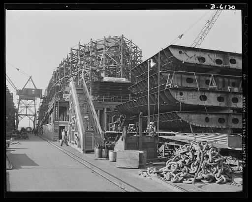 Construction of the liberty ship "Booker T. Washington." The "Booker T. Washington," first liberty ship to be named for a Negro, is shown being rushed to completion on one of the ways of the California Shipbuilding Corporation