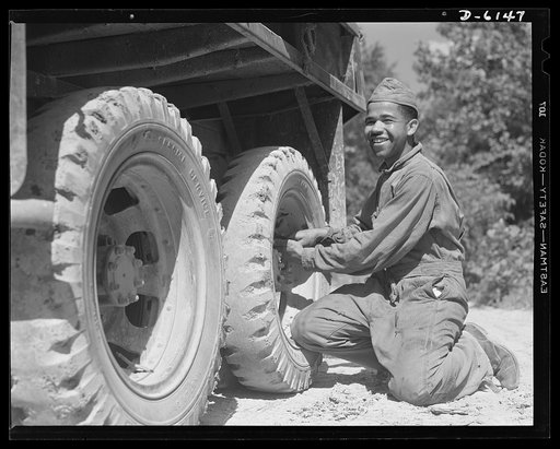 Fort Knox. Negro mechanics. He helps to keep 'em rolling at Fort Knox, Kentucky. This Negro soldier, who serves as truck driver and mechanic, plays an important part in keeping the army's transport fleets in service