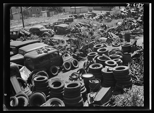 Salvage. Chicago automobile graveyard. Idle scrap: it belongs in the scrap. Covering well over an acre of ground, this automobile graveyard in Chicago holds tons of vital scrap metal and rubber for which Uncle Sam has urgent need in the manufacture of armaments and other war materials