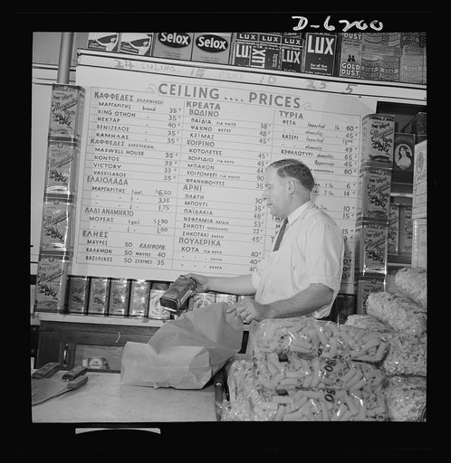 Posting ceiling prices in foreign languages. Greek-speaking customers of Spiros Margrite are fully acquainted with the ceiling prices in Margarite's grocery store, for everything is carefully listed on this large sign. By cooperating with the Office of Price Administration's (OPA) fight against infl