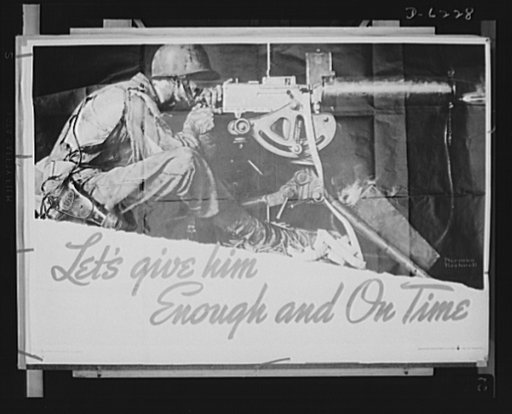 Poster. Let's give him enough and on time. Poster produced by Army Ordnance War Department and distributed to labor-management committees in war plants. The original is 28 1/2 inches by 40 inches and is from a full color painting by Norman Rockwell, famous illustrator. Copies may be obtained from Wa