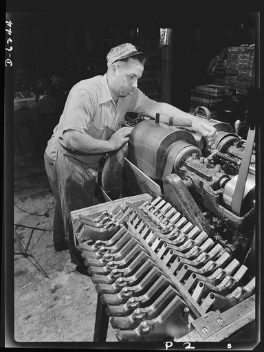 Production. 45-caliberautomatic pistols. Anthony Freda drills the barrels of .45-caliber automatic pistols in the plant of a large manufacturer of firearms. Many men and women are employed in this plant which produces pistols, machine guns, and other essential weapons for the armed forces