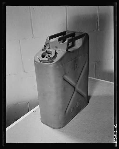 Substitute materials containers. New army "blitz" can. A five-gallon metal container for water, oil, or gasoline, constructed with air spaces to prevent sinking