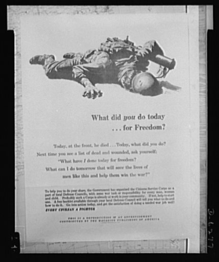 Office of Civilian Defense poster. Poster distributed by the Office of Civilian Defense to magazines and regional offices. The original is 23 inches by 28 3/4 inches and is printed in sepia on white. A limited number of copies are available from Distribution Section of Civilian Defense, Room 8, Dupo