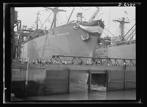 Ship launching in Portland, Maine. Bearing a huge "V" for victory, Ocean Trailer, one of eight ships launched at a New England yard on August 16, 1942, is ready to slide into the water. Five of the ships were built for Britain under lend-lease