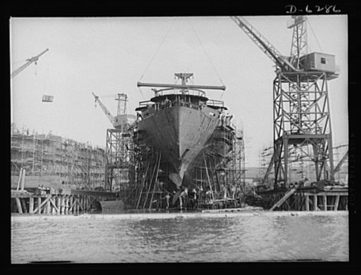 Ship launching in Portland, Maine. A mass launching that made history in Maine shipbuilding took place August 16, 1942, when eight vessels slid into the water. One of the five British cargo-carrying ships which were christened is here being prepared for launching
