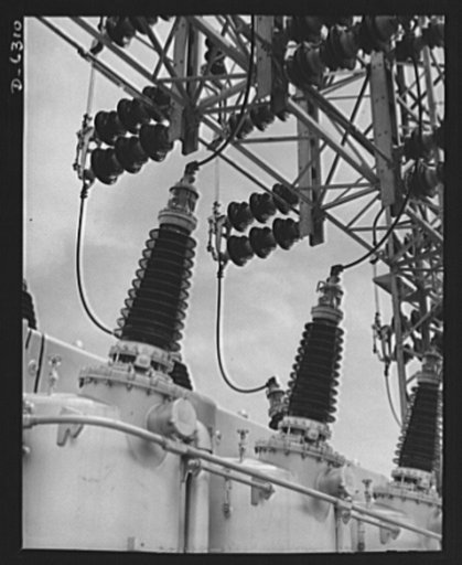 Power and conservation. Chickamauga Dam, Tennessee Valley Authority (TVA). Insulators and bus wires in the switchyard of the TVA's Chickamauga Dam, located near Chattanooga, 471 miles above the mouth of the Tennessee River. The dam has an authorized power installation of 81,000 kilowatts, which can 