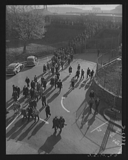 Production. Ship propellers, etc. Employees crowd from suburban trains through factory gates to take their places in the vast clockwork of war production. The plant in which they work turns out essential war items: tanks, locomotives, and ship propellers. Baldwin Locomotive Works