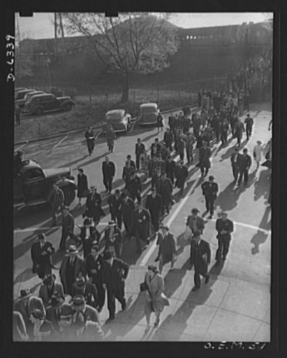 Production. Ship propellers, etc. Employees crowd from suburban trains through factory gates to take their places in the vast clockwork of war production. The plant in which they work turns out essential war items: tanks, locomotives, and ship propellers. Baldwin Locomotive Works