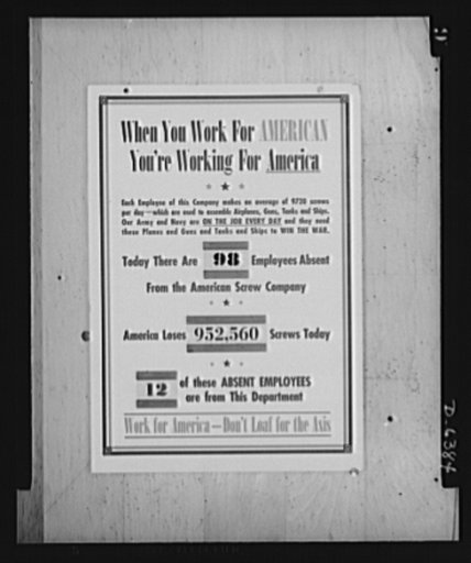 Absentee posters. To combat absenteeism, the labor-management committee of the American Screw Company, Providence, displays this chart with daily figures on absentees and translates this loss of man hours in terms of lost production of the company's product