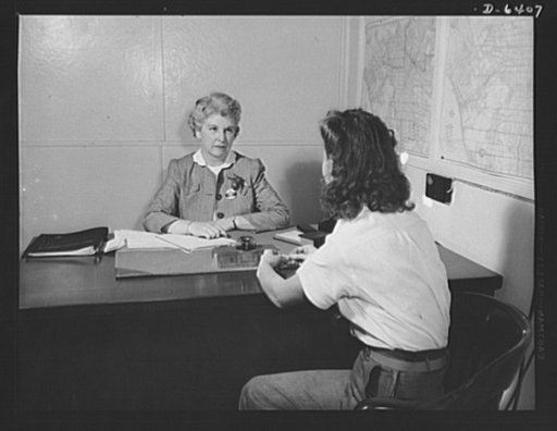 Health and welfare activities. North American Aviation. Problems of home and family are not always left behind when workers go on the job at North American Aviation in Inglewood, California. Mrs. Thelma Burton, one of several counselors at North American Aviation, listens to troubles of many young w