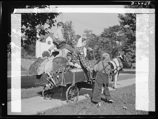 Manpower, junior size. The charge of the scrap brigade in Roanoke, Virginia includes such methods of collection as this pony cart. The patriotic and energetic youngsters of the town are making an all-out effort to corner every available piece of scrap in the city, so that their soldier and sailor br